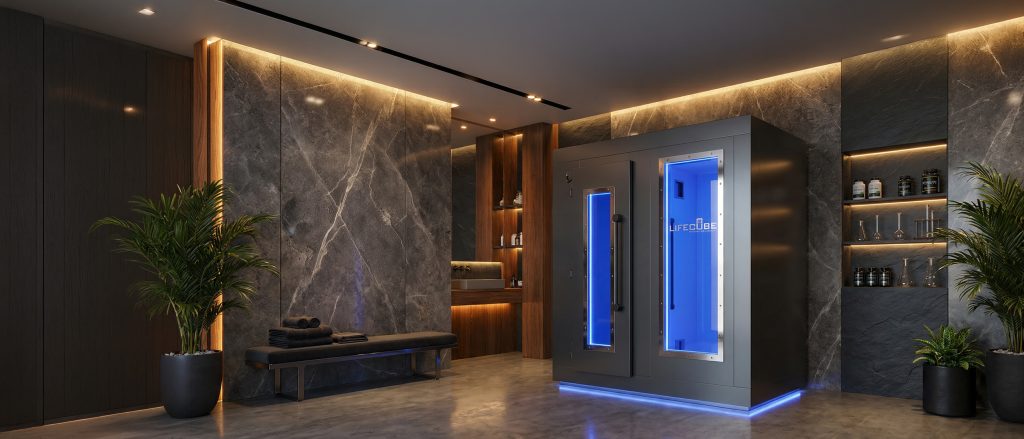 Dunkle LifeCube Kältekammer mit leuchtend blauen Glasfenstern steht in einem luxuriösen Wellnessbereich aus Marmor.