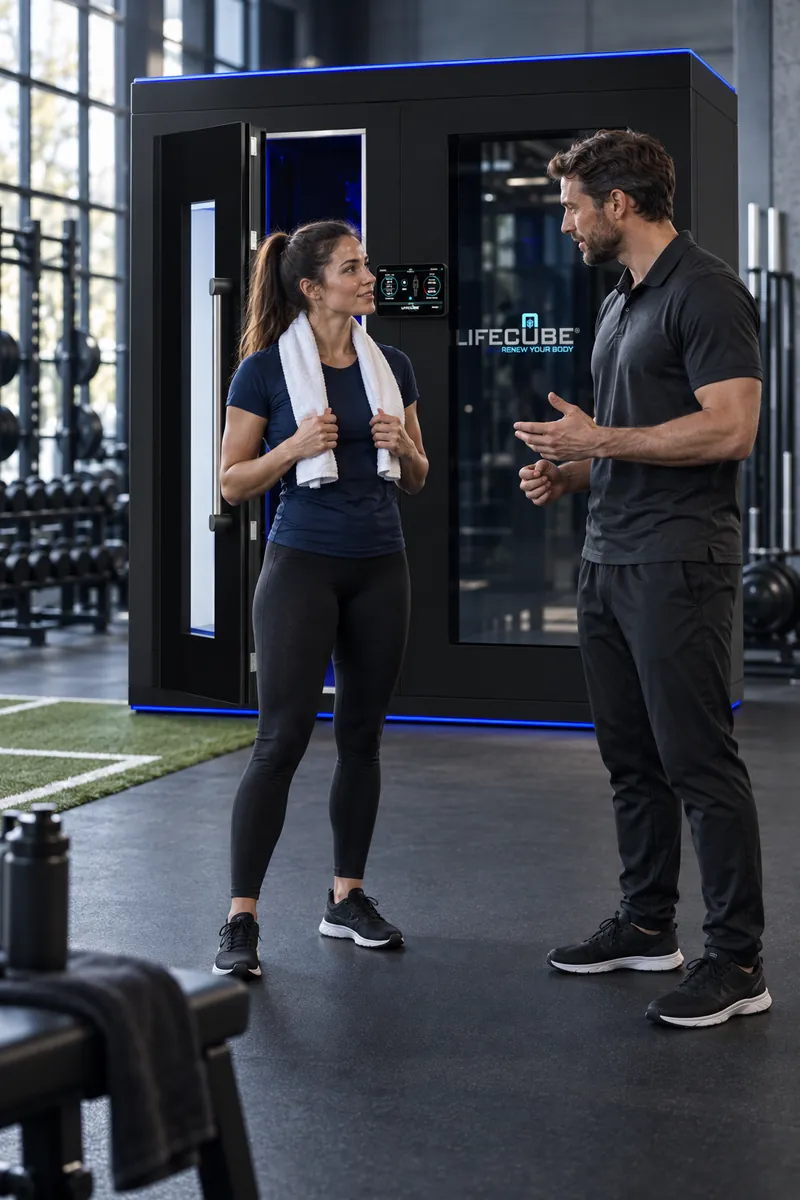 Koncept vytvořený pomocí AI: sportovkyně a trenér hovoří před kryokomorou LifeCube ve fitness centru.