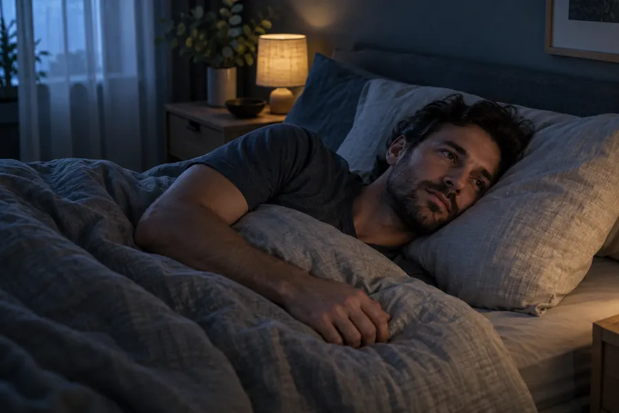 KI-Symbolbild: Ein Mann liegt nachts wach im Bett.