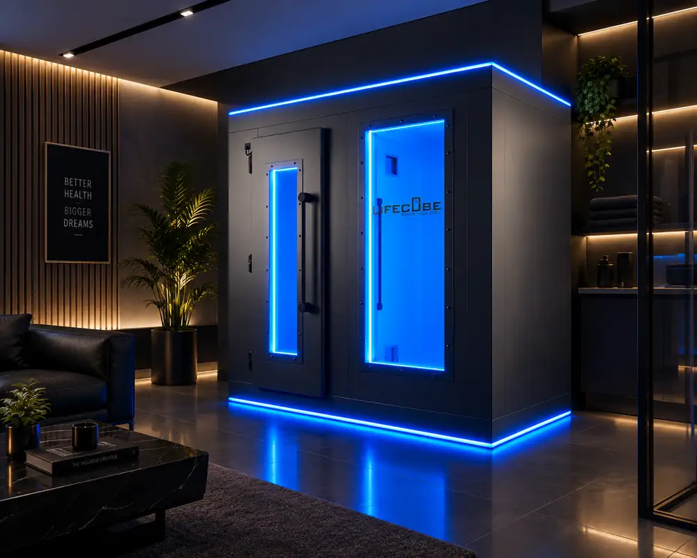 Schwarze LifeCube Kältekammer mit blauer LED-Beleuchtung in einer modernen Lounge