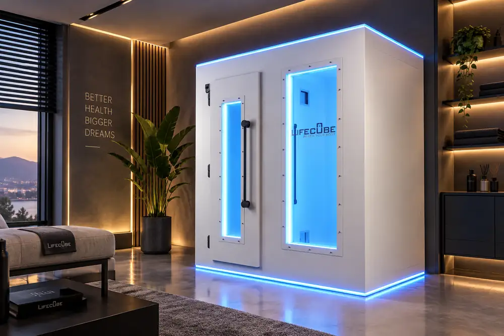 Weiße LifeCube Kältekammer mit blauer LED-Beleuchtung in einer modernen Lounge
